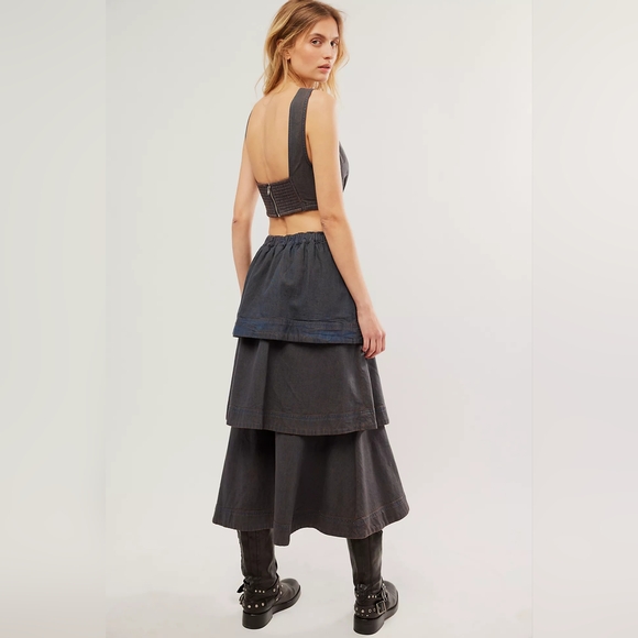 NWOT Free People 2 Piece Ryder Denim Set Skirt & Crop Top Size-XL - Picture 4 of 8